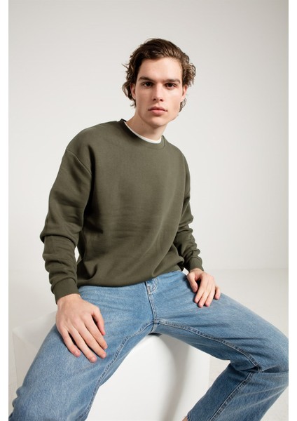 Oversize Asit Yıkamalı Haki Erkek Sweatshirt