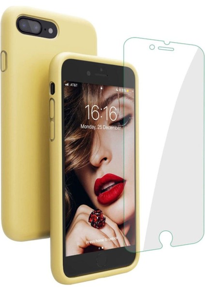 Apple iphone 7 Plus 8 Plus Içi Kadife Soft Lansman Silikon Telefon Kılıfı - Ekran Koruyucu Hediye Sarı Sarı