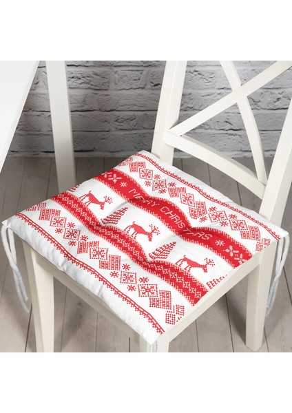 Merry Christmas Kanaviçe Görünümlü Geyikler Baskılı Pofidik Sandalye Minderi