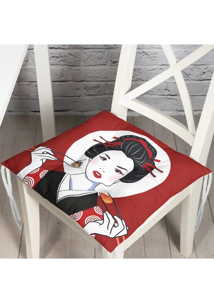 Suşi Yiyen Japon Kız Motifli Modern Pofidik Sandalye Minderi