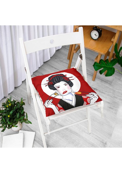 Suşi Yiyen Japon Kız Motifli Modern Pofidik Sandalye Minderi fiyatları