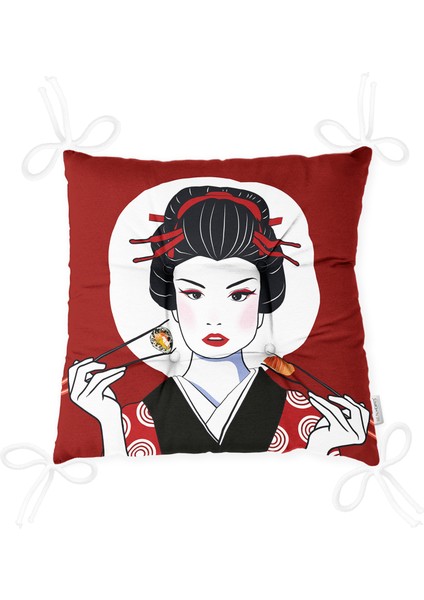 Suşi Yiyen Japon Kız Motifli Modern Pofidik Sandalye Minderi modelleri