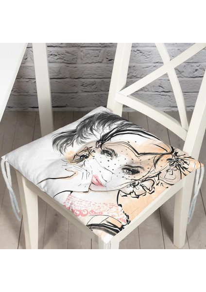 Karakalem Çizimli Fashion Women Dekoratif Pofidik Sandalye Minderi
