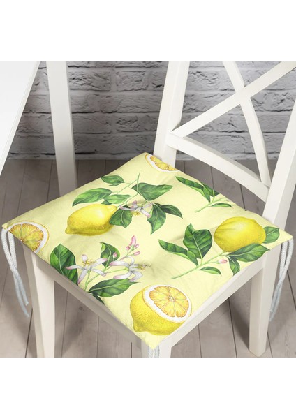 Krem Zeminli Limon Desenli Pofidik Kare Sandalye Minderi
