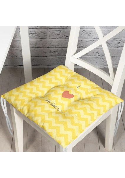 Real Homes Sarı Zigzaglı I Love Animal Desenli Çocuk Odası Pofidik Sandalye Minderi - 40 x 40 cm