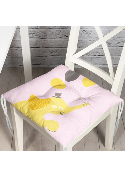 Real Homes Pembe Zeminde Uçan Balonlar ve Fil Desenli Çocuk Odası Pofidik Sandalye Minderi - 40 x 40 cm