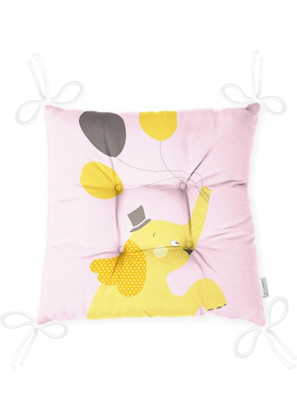 Real Homes Pembe Zeminde Uçan Balonlar ve Fil Desenli Çocuk Odası Pofidik Sandalye Minderi - 40 x 40 cm