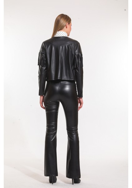 Paçalar Önden Yırtmaçlı Beli Lastikli Deri Tayt | TYT33544 modelleri