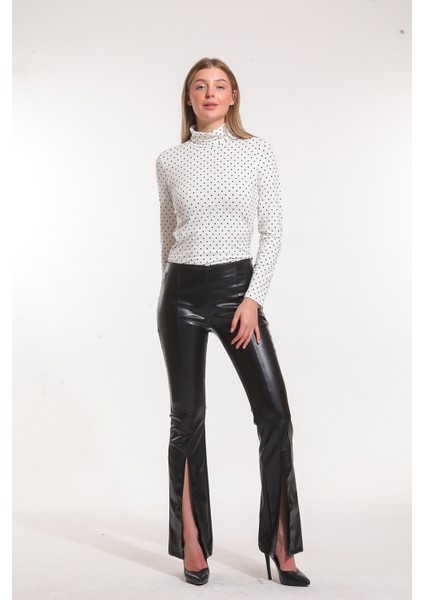 Paçalar Önden Yırtmaçlı Beli Lastikli Deri Tayt | TYT33544 fırsatları