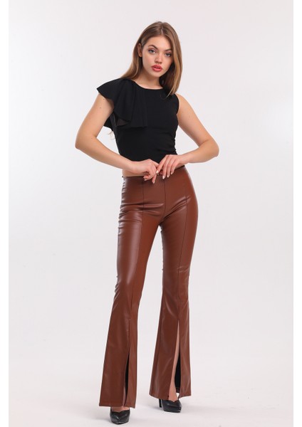 Paçalar Önden Yırtmaçlı Beli Lastikli Deri Tayt | TYT33544 fiyatları
