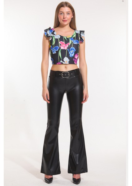 Kemerli Ispanyol Paça Şardonlu Deri Pantolon PNT33313