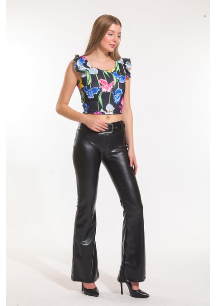 Kemerli Ispanyol Paça Şardonlu Deri Pantolon PNT33313 fiyatları