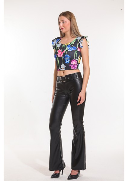 Kemerli Ispanyol Paça Şardonlu Deri Pantolon PNT33313 modelleri