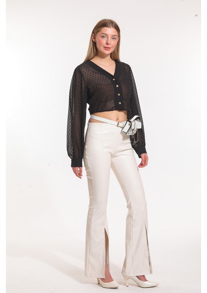 Paçalar Önden Yırtmaçlı Beli Lastikli Deri Tayt | TYT33544 Ekru fiyatları