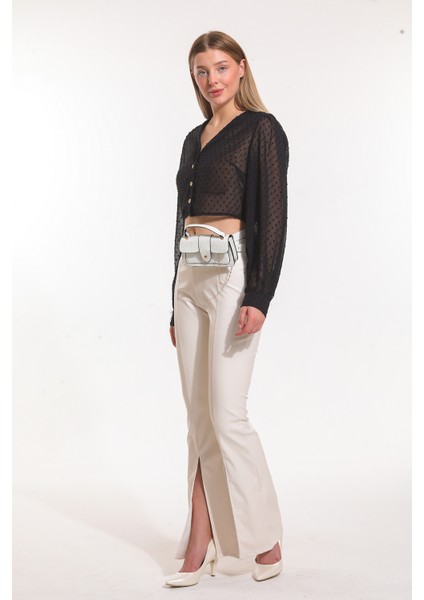 Paçalar Önden Yırtmaçlı Beli Lastikli Deri Tayt | TYT33544 Ekru modelleri