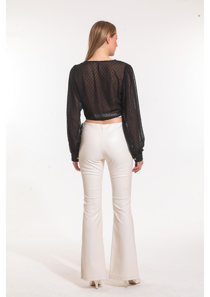 Paçalar Önden Yırtmaçlı Beli Lastikli Deri Tayt | TYT33544 Ekru fırsatları