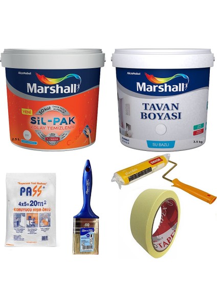 Sil-Pak Silikonlu Duvar Boyası 2.5 L - Tavan Boyası 3.5 kg - 4 Parça Kaliteli Boyama Seti