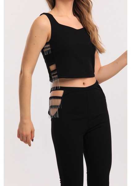 Yanları Pencereli Zincirli Detaylı Scuba Krep Pantolon | PNT33875 Siyah