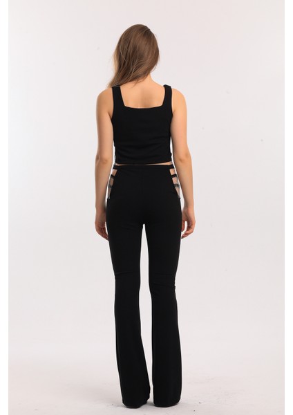 Yanları Pencereli Zincirli Detaylı Scuba Krep Pantolon | PNT33875 Siyah fiyatları