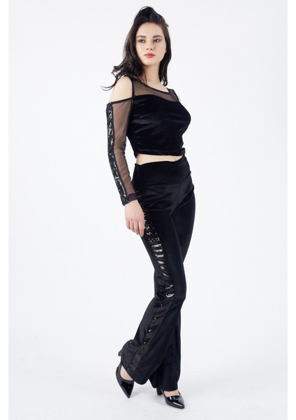 Yanları Payetli Yüksek Kemer Kadife Pantolon | PNT32381 fiyatları