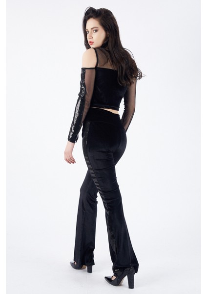 Yanları Payetli Yüksek Kemer Kadife Pantolon | PNT32381 modelleri