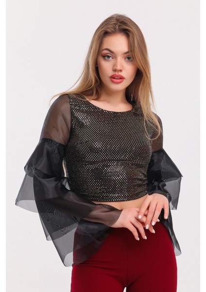 Kolları Organze Buzy Payet Bluz | BLZ32723 Gold