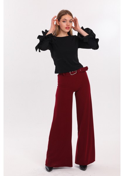 Yanları Kumaş Kaplama Kemerli Ispanyol Paça Scuba Krep Pantolon | PNT33393 Bordo fiyatları