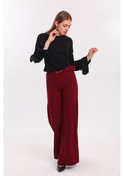 Yanları Kumaş Kaplama Kemerli Ispanyol Paça Scuba Krep Pantolon | PNT33393 Bordo modelleri