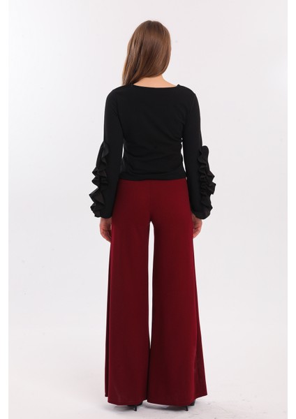 Yanları Kumaş Kaplama Kemerli Ispanyol Paça Scuba Krep Pantolon | PNT33393 Bordo fırsatları