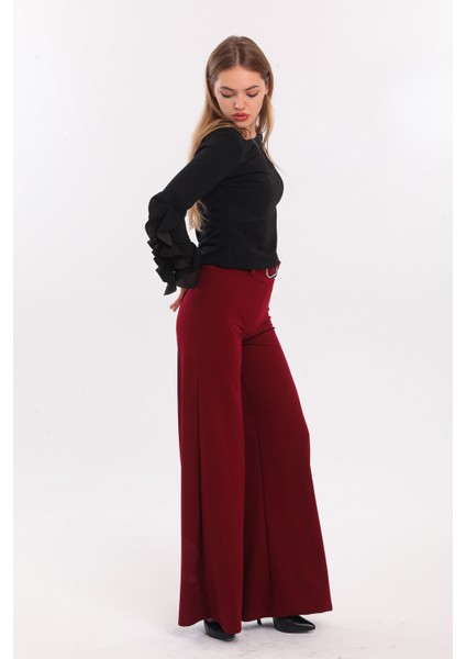 Yanları Kumaş Kaplama Kemerli Ispanyol Paça Scuba Krep Pantolon | PNT33393 Bordo indirimleri