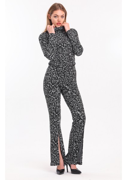 Beli Lastikli Önü Yırtmaçlı Jakarlı Pantolon | PNT33967 Siyah Ekru