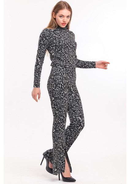 Beli Lastikli Önü Yırtmaçlı Jakarlı Pantolon | PNT33967 Siyah Ekru fiyatları