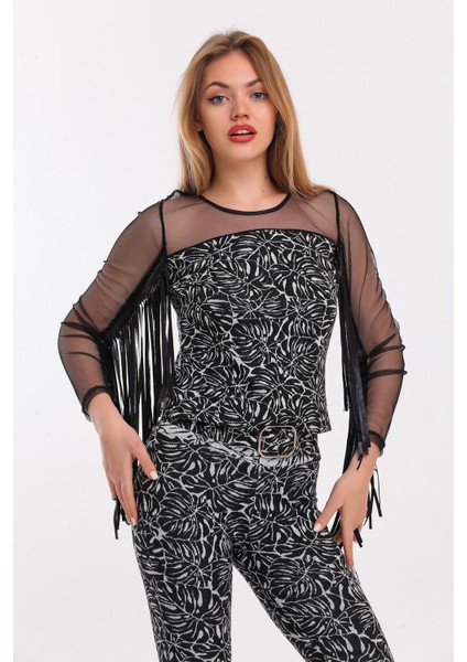 Tül Püsküllü Jakarlı Bluz | BLZ33925 Siyah Ekru