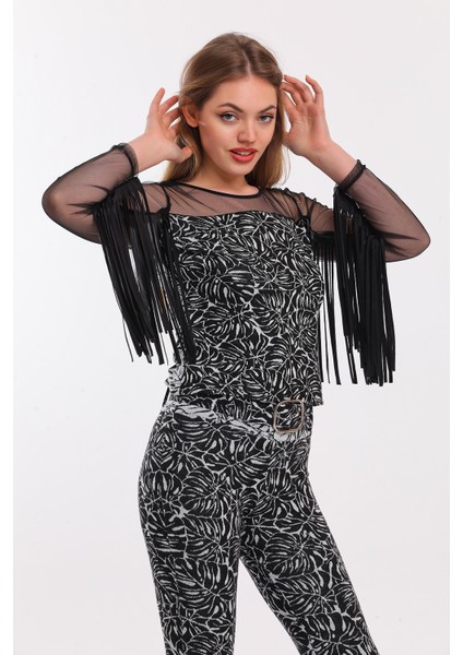 Tül Püsküllü Jakarlı Bluz | BLZ33925 Siyah Ekru fiyatları