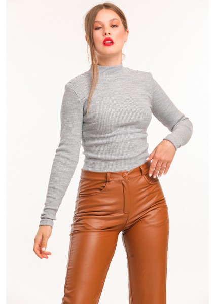 Omuzlari Dugmeli Bluz | BLZ14397 Gri modelleri