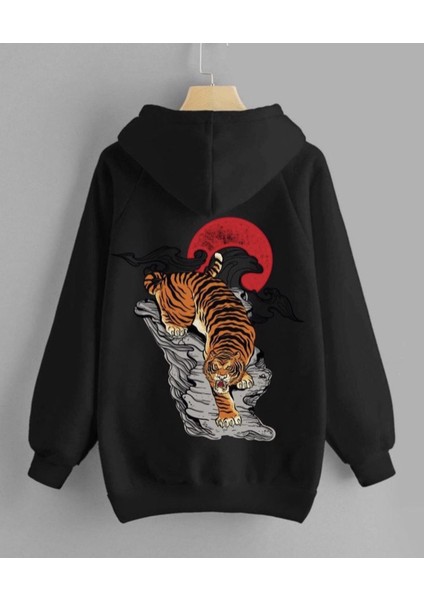 Büyük Beden Kapüşonlu Kaplan Sırt Baskılı Oversize Yeni Stil Erkek