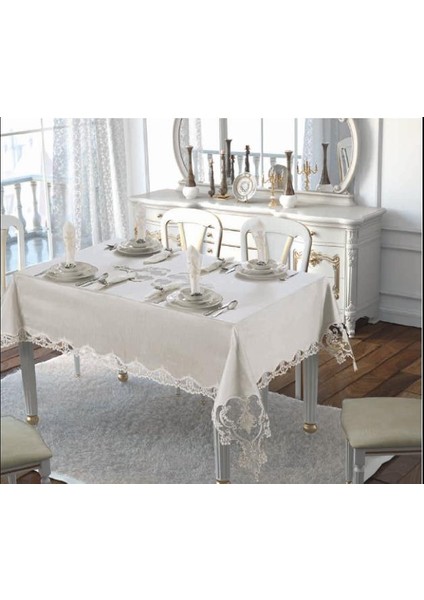 Hanedan Lüx Dantelli Bambu Kumaş Krem Masa Örtüsü ve Peçeteli Sofra Takımı 8 kişilik Dikdörtgen 160x230 cm 17 Parça - 113
