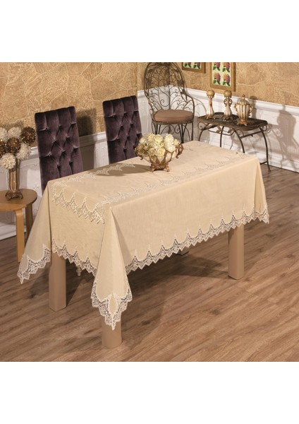 Carmen Bambu Polyester Kumaş Güpürlü Bej Masa Örtüsü 170*240 cm & Runner 2 Parça - 425