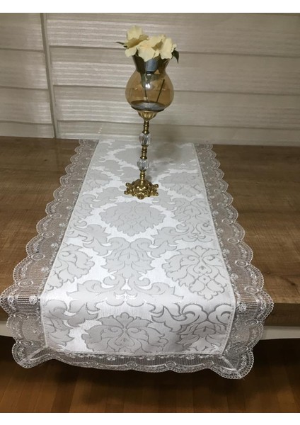 Beste Güpürlü & Damask Jakar Simli Kumaş Krem Runner 140 cm - 494