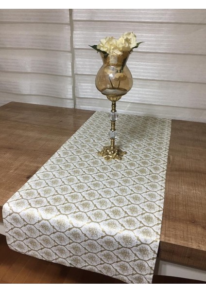 Melisa Damask Baskılı Duck Kumaş Krem/Gold Runner 40*140 cm - 501