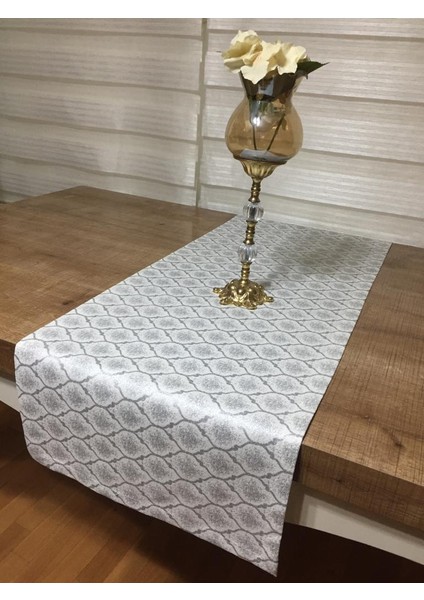 Melisa Damask Baskılı Duck Kumaş Krem/Gri Runner 40*140 cm - 502