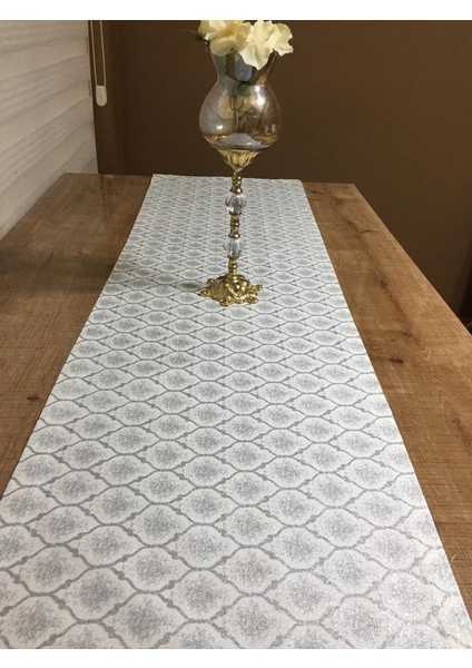 Melisa Damask Baskılı Duck Kumaş Krem/Gri Runner 40*140 cm - 502