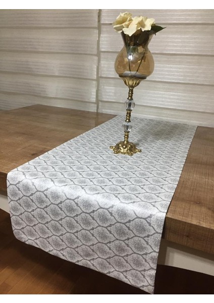 Melisa Damask Baskılı Duck Kumaş Krem/Gri Runner 40*140 cm - 502