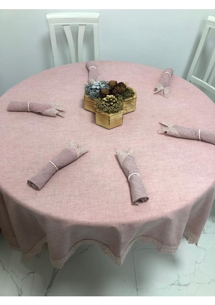 Estee Lüx Dantelli Pamuk Kumaş Pudra Masa Örtüsü ve Peçeteli Sofra Takımı 6 kişilik Dikdörtgen 160x220 cm 13 Parça - 511