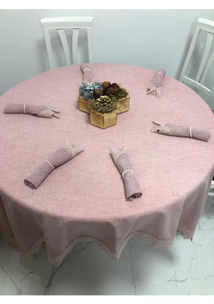 Estee Lüx Dantelli Pamuk Kumaş Pudra Masa Örtüsü ve Peçeteli Sofra Takımı 6 kişilik Dikdörtgen 160x220 cm 13 Parça - 511
