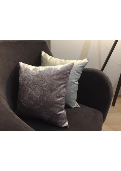 Linen Pamuk Keten Baskılı Krem/Gümüş & Antik Emboss Baskılı Kadife Kırlent Vizon 45*45 cm İkili - 556