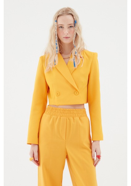 Kruvaze Crop Blazer Ceket Turuncu