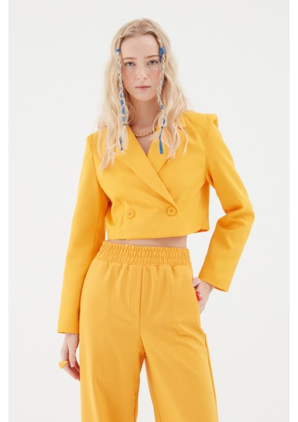 Kruvaze Crop Blazer Ceket Turuncu