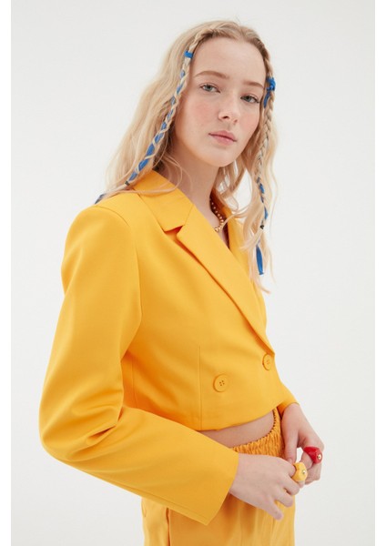 Kruvaze Crop Blazer Ceket Turuncu