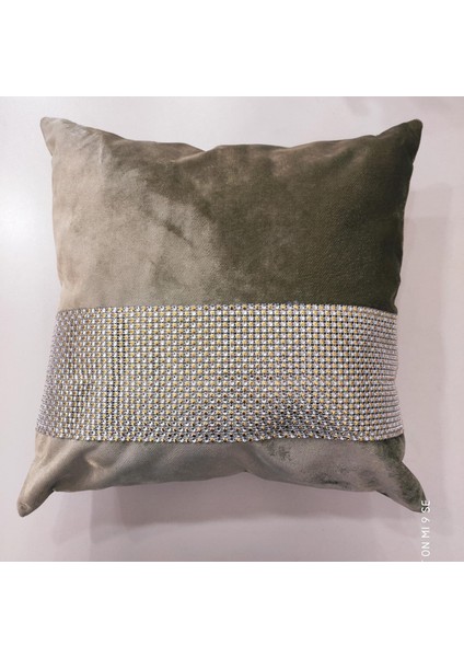 Hale Şerit Taşlı Kadife Kumaş Haki Kırlent 45*45 cm İkili - 20